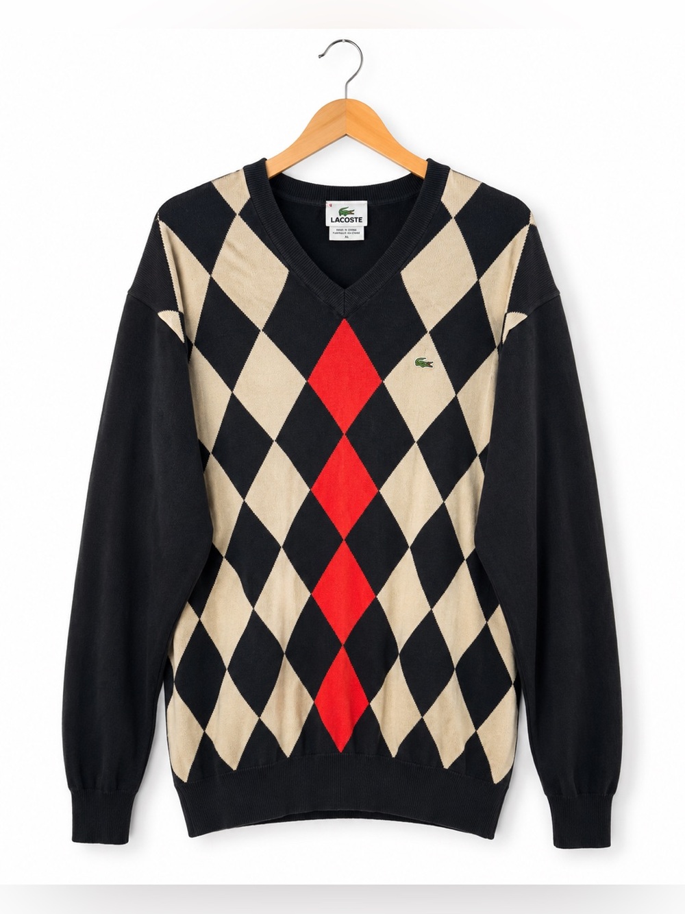 Lacoste Men's V-Neck Argyle Sweater in Black, Beige & Red 3X Cotton Classic